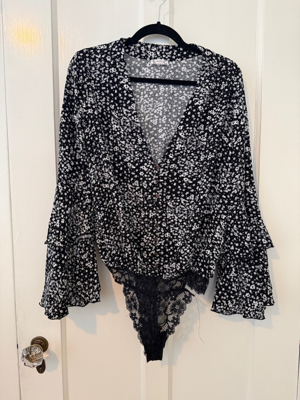 Free People Black & White Floral Lace-Trim Bell Sleeve Bodysuit